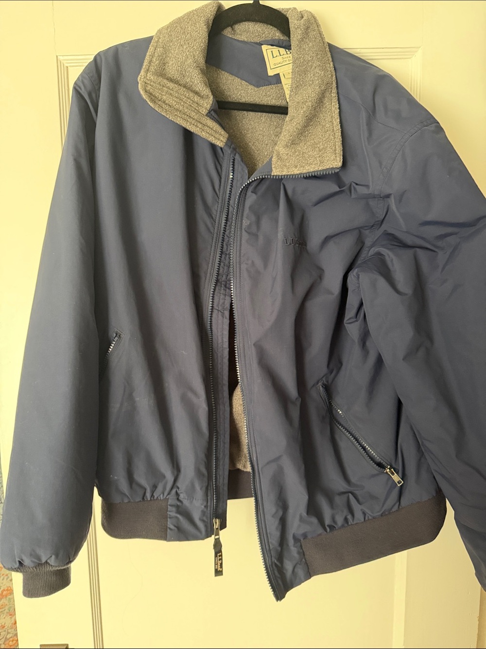 L.L. Bean Navy Bomber Jacket with Gray Fleece Collar
